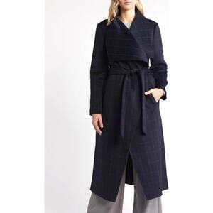 BCBG Maxazria Abrigo Trench Coat Black Plaid Size Large NWT Wool Tie Waist Wrap